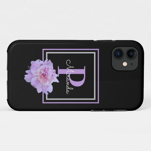 Paarse Monogram Roze Pioen Bloem Zwart Case-Mate iPhone Case (Achterkant (horizontaal))