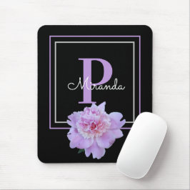 Paarse Monogram Roze Pioen Bloem Zwart Muismat