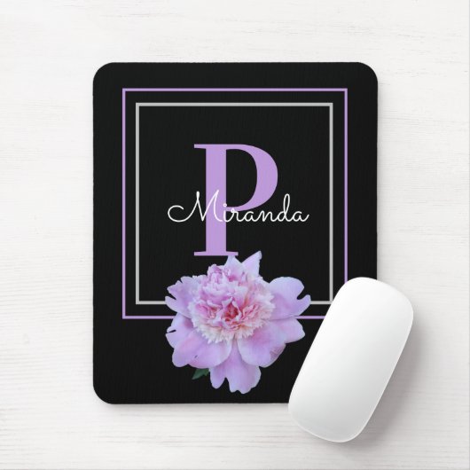 Paarse Monogram Roze Pioen Bloem Zwart Muismat (Met muis)