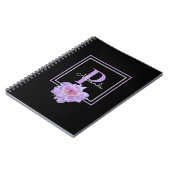 Paarse Monogram Roze Pioen Bloem Zwart Notitieboek (Linkerzijde)