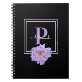 Paarse Monogram Roze Pioen Bloem Zwart Notitieboek