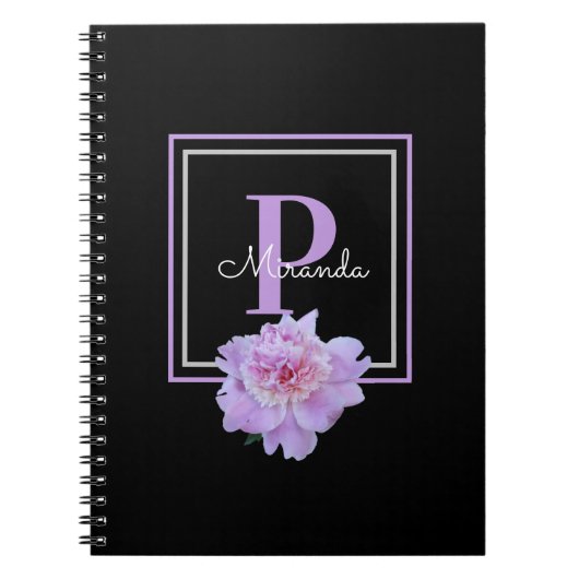 Paarse Monogram Roze Pioen Bloem Zwart Notitieboek (Voorkant)