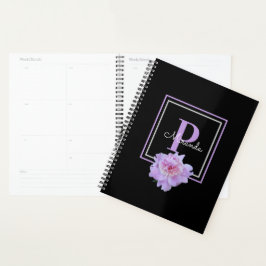Paarse Monogram Roze Pioen Bloem Zwart Planner