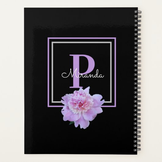 Paarse Monogram Roze Pioen Bloem Zwart Planner (Achterkant)