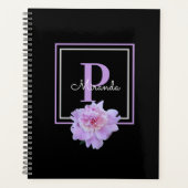 Paarse Monogram Roze Pioen Bloem Zwart Planner (Voorkant)