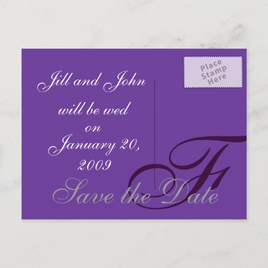 Paarse Monogram Save the Date Aankondiging (Achterkant)