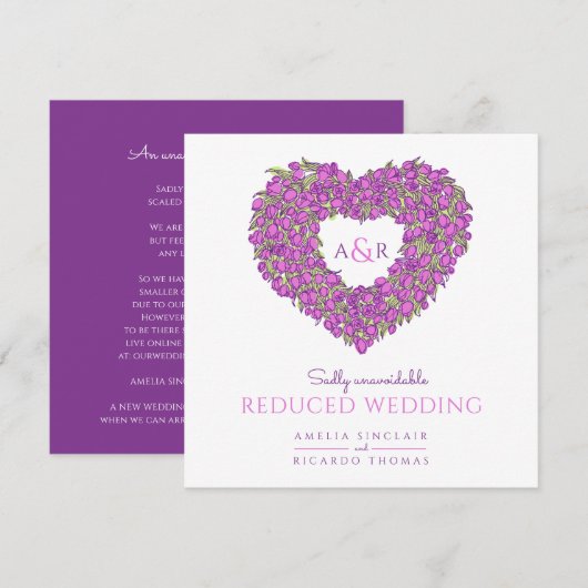 Paarse monogram tulp hart verkleinde trouw- aankondiging (Voorkant / Achterkant)
