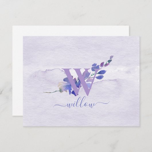 Paarse Monogram Watercolor Persoonlijke Briefpapie Bedankkaart (Voorkant / Achterkant)