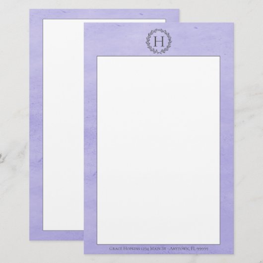 Paarse monogram weeshuis briefpapier (Voorkant / Achterkant)
