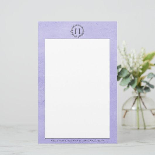 Paarse monogram weeshuis briefpapier (Staand voorkant)
