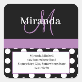 Paarse Monogram Witte Polka Punt Terugkeeradres Vierkante Sticker