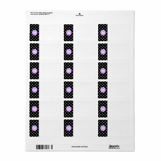 Paarse Monogram Zwart Wit Polka stippen Etiket (Full Sheet)