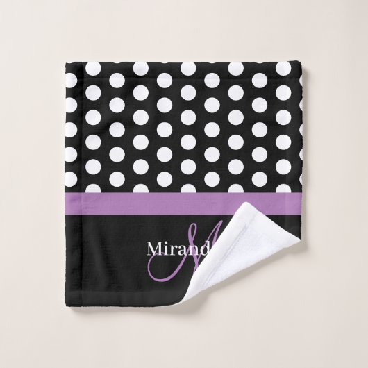 Paarse monogram zwarte witte poladot bad handdoek (Wasdoekje)