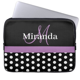 Paarse monogram zwarte witte poladot laptop sleeve