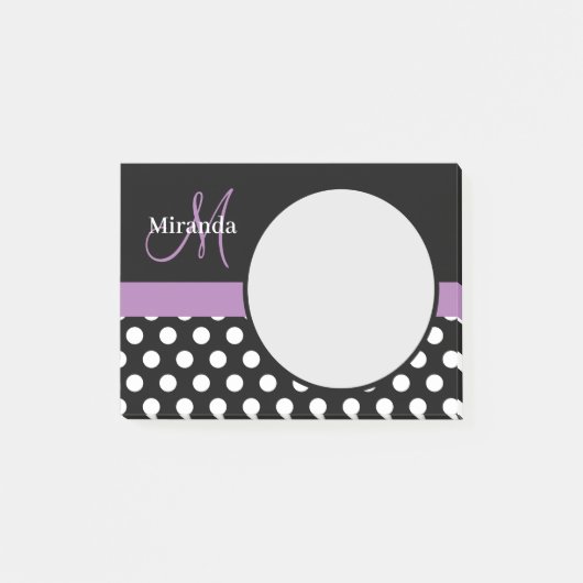 Paarse monogram zwarte witte poladot post-it® notes (Voorkant)