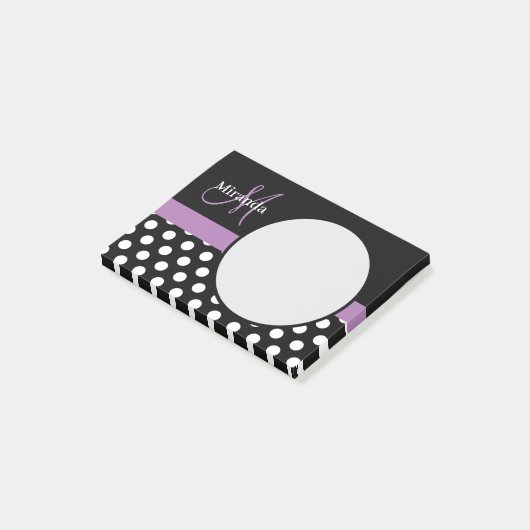 Paarse monogram zwarte witte poladot post-it® notes (Schuin)