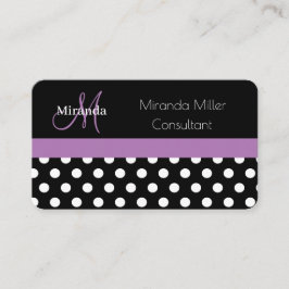 Paarse monogram zwarte witte poladot visitekaartje