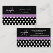 Paarse monogram zwarte witte poladot visitekaartje (Voorkant / Achterkant)