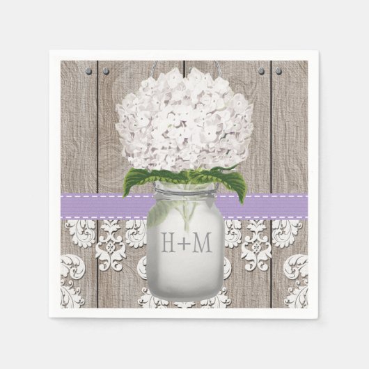 Paarse Monogrammed Witte Hydrangea Mason Jar Servetten (Voorkant)