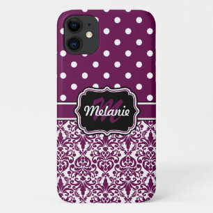 Paarse monogrammen Damask Polka Dots Pattern Case-Mate iPhone Case