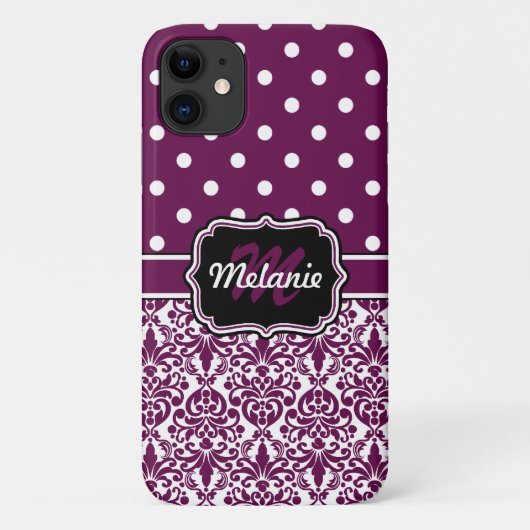 Paarse monogrammen Damask Polka Dots Pattern Case-Mate iPhone Case (Achterkant)