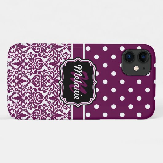 Paarse monogrammen Damask Polka Dots Pattern Case-Mate iPhone Case (Achterkant (horizontaal))