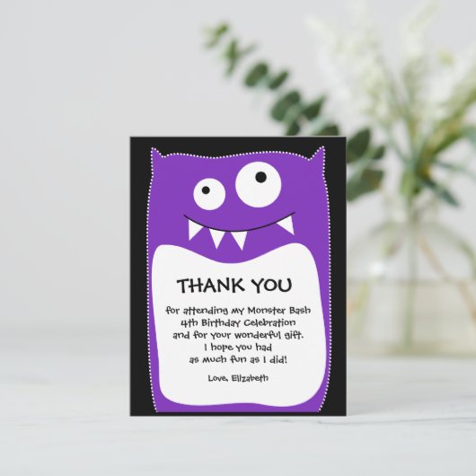 Paarse Monster Bash Hartelijk dank (flat) Bedankkaart (Staand voorkant)