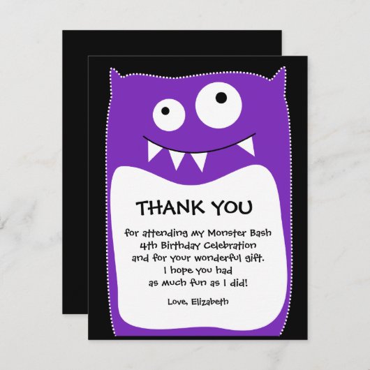Paarse Monster Bash Hartelijk dank (flat) Bedankkaart (Voorkant / Achterkant)