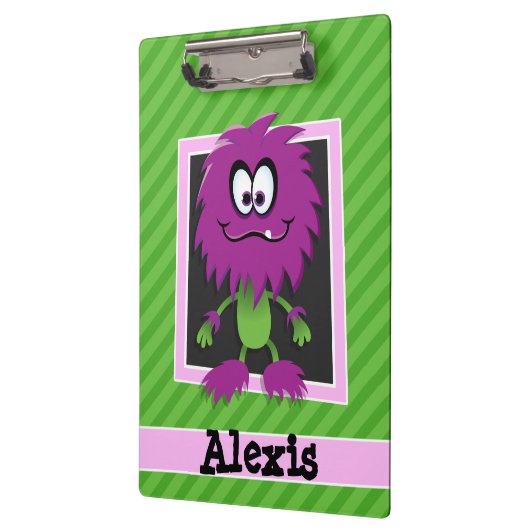 Paarse monster op groene strepen klembord (Links)