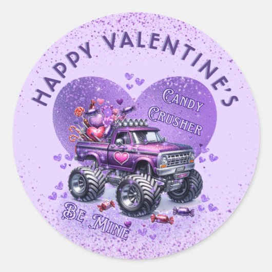 Paarse Monster Truck Snoep Crusher Be Mine Ronde Sticker (Voorkant)