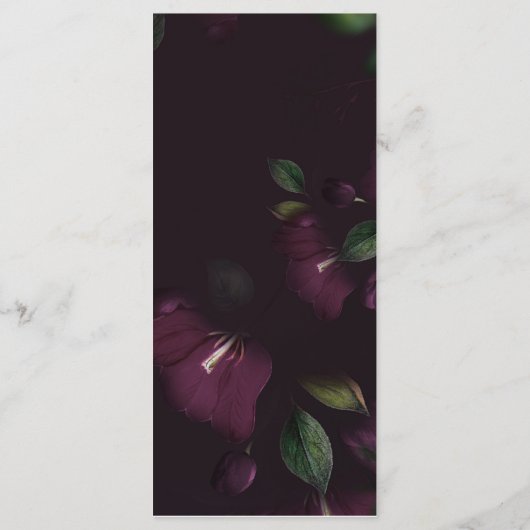 Paarse Moody Blooms Kalligrafie Trouwdiner Menu (Achterkant)