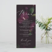 Paarse Moody Blooms Kalligrafie Trouwdiner Menu (Staand voorkant)