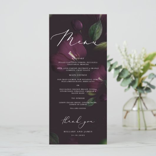 Paarse Moody Blooms Kalligrafie Trouwdiner Menu (Staand voorkant)