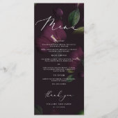 Paarse Moody Blooms Kalligrafie Trouwdiner Menu (Voorkant)