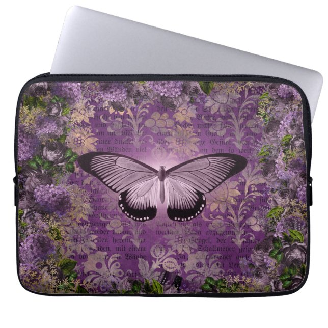  Paarse Moth en Floral Ephemera Laptop Sleeve (Voorkant)