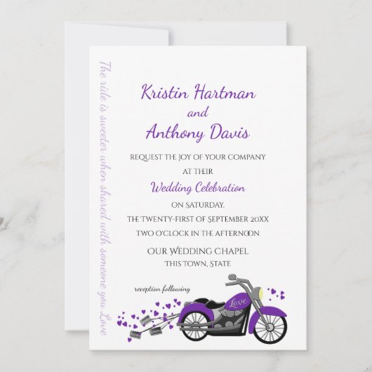 Paarse motorfiets en harten bruiloft kaart (Voorkant)