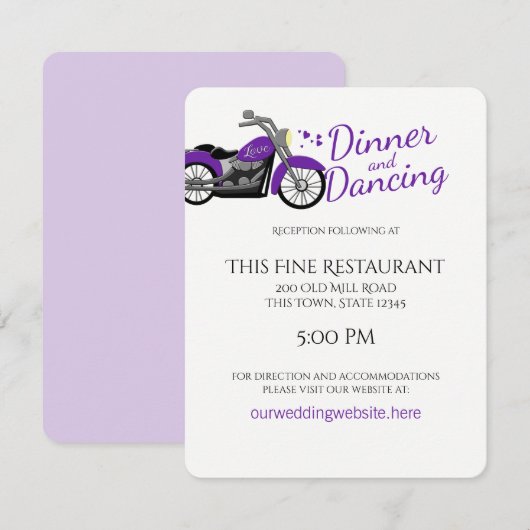 Paarse motorfiets en harten bruiloft receptie kaart (Voorkant / Achterkant)