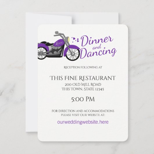 Paarse motorfiets en harten bruiloft receptie kaart (Voorkant)