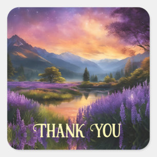 Paarse Mountain Valley Sunrise Dank u Vierkante Sticker