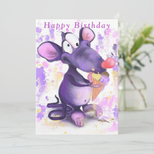 Paarse Mouse Eet Ice Cream Grappige Verjaardagskaa (Staand voorkant)