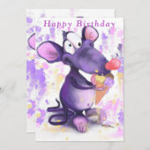 Paarse Mouse Eet Ice Cream Grappige Verjaardagskaa (Voorkant / Achterkant)