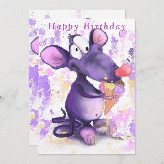 Paarse Mouse Eet Ice Cream Grappige Verjaardagskaa (Voorkant / Achterkant)