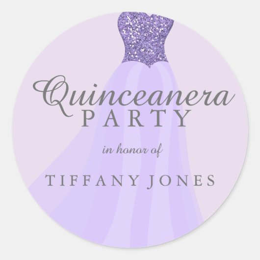 Paarse mousserende glitter Gown Quinceanera Ronde Sticker (Voorkant)
