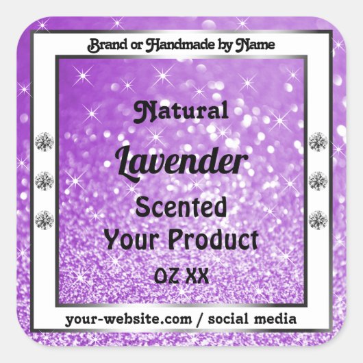 Paarse mousserende glitteretiketten van shimmery vierkante sticker (Voorkant)