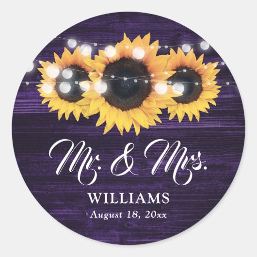 Paarse Mr. en Mrs Sunflower Wedding Stickers (Voorkant)