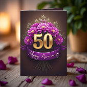 Paarse Mum Flowers Golden 50ste bruiloft Jubileum Kaart
