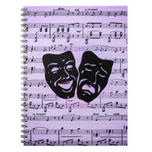 Paarse muziek- en bioscoopmaskers notitieboek