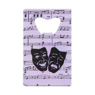 Paarse muziek- en theater-maskers creditkaart flessenopener