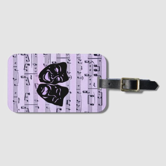 Paarse muziek- en theatermaskers bagagelabel (Voorkant (horizontaal))