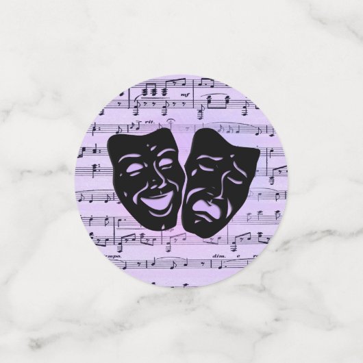 Paarse muziek- en theatermaskers confetti (Kleine voorkant)